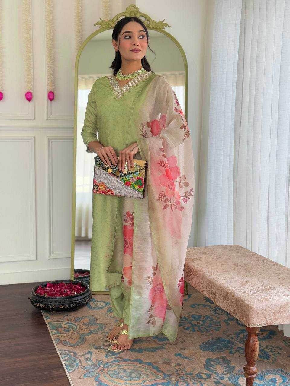 Rayon Embroidery Party wear suit Green Salwar - MYLUXURY LANE ENTERPRISE